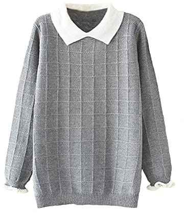 FTCayanz Femme Pull Tricoté Manches Longues Chandail Chic Ample Pullover Sweater Élégante Col Chemise Sweat Shirt Gris L