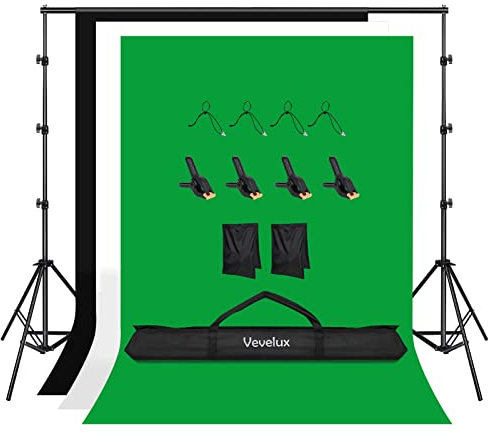 Vevelux 2,6x3 M Système de Support Fond Photo Kit, 2 x 3 M Toile de Fond Blanc Noir Vert + 8 Pcs Pince avec 2 Sacs de Sable et 1 Sac de Transport pour Portrait Photo Studio Vidéo