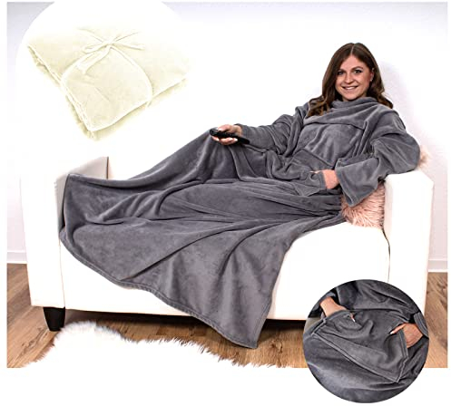 heimtexland ® Kuscheldecke Cashmere Feeling Thermodecke TV Decke mit Ärmeln und Tasche Sofadecke Flauschig Weich Wärmend Typ753 Creme