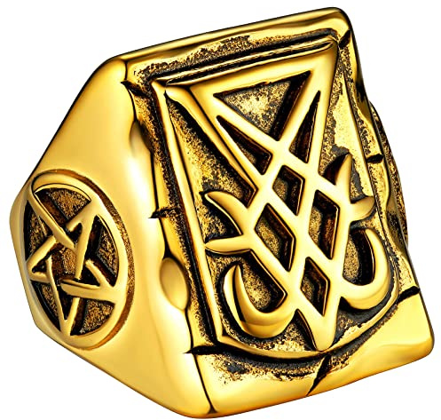 FaithHeart Satan Luzifer Fingerring Personalisierter Baphomet Satanischer Siegelring Punk Biker Pentagramm Ring Partnerring Freundschaftsring für Herren Männer