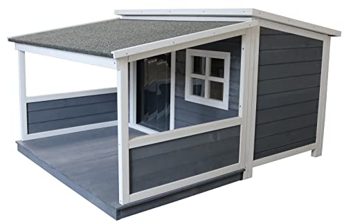 SunnyDogs Hundehütte aus Massivholz | wetterfeste Hundehütten mit Pultdach | isoliertes Hundehaus | Outdoor Hütte mit Vordach, Terrasse & Fenster | B 139 x T 115,5 x H 82 cm
