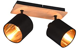meineWunschleuchte Decken-Strahler 2-flammig Holzoptik Stoff Schwarz Gold | Breite 28cm, mit 2x E14 LED, dreh- und schwenkbar, Designklassiker Deckenlampe, gezieltes Licht, für Wohnzimmer und Flur