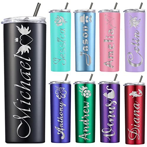 Gobelet Personnalisé Isotherme 20 oz en Acier Inoxydable avec Couvercle et Paille, Gravé au Laser avec Nom pour Hommes Femmes
