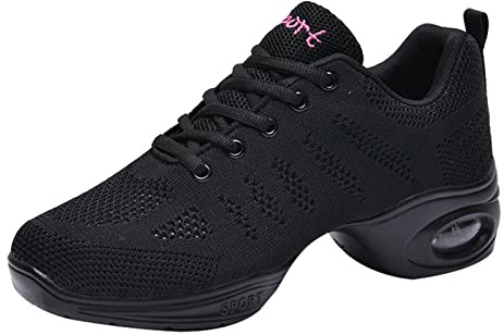 Jazzskor dam, Lace Up dansssneaker dam, delad sula, luftkudde, moderna dansskor, plattform, Svart 727, 39 EU