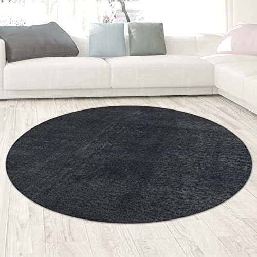 CARPETIA Teppich Rund Uni Waschbar rutschfest Grau Anthrazit Ø 120 cm | Weich, waschbar, rutschfest, formstabil und allergikerfreundlich, OEKO-TEX geprüft, für Wohn-, Schlaf- & Badezimmer