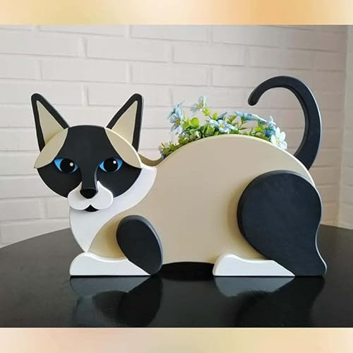 SUREH Katzen-Pflanzgefäß, Blumentopf, Niedlicher Tierform-Pflanzkasten aus Holz, Pflanzkisten für Den Außenbereich, Erhöht, Rechteckig, Pflanzgefäß für Pflanzenbehälter Im Freien,(Siamese)