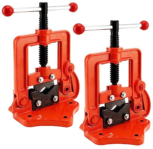 MUKLEI 2 Pack 0.4 to 2.4 Inches Heavy Duty Pipe Vise, Forged Bench Yoke Pipe Vice Threader Pipe Plumbing Vise for Cutting, Fixing Pipes from 10 to 60mm, Orange