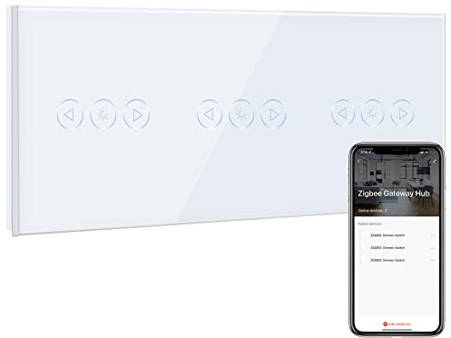 BSEED Tripel Smart ZigBee Dimmer Schalter für Led Lampe, Smart Home ZigBee Schalter, Wandschalter Lichtschalter Unterputz Glas arbeitet Smart Life/Tuya, Alexa Weiß(Hub erforderlich)