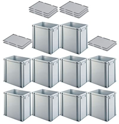 PROREGAL SuperSparSet 10x Eurobehälter mit geschlossenem Griff & Auflagedeckel | HxBxT 40x30x40cm | 37 Liter | Grau | Eurobehälter Transportbox Transportbehälter Stapelbehälter