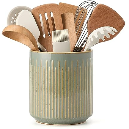 JIEMEI HOME Kitchen Utensil Holder, Ceramic Stable Utensil Crock for Countertop, 7.2 Large Utensil Organizer with Cork Mat, Removable Bamboo Divider for Kitchen Décor and Accessories, Wild Sage Earth