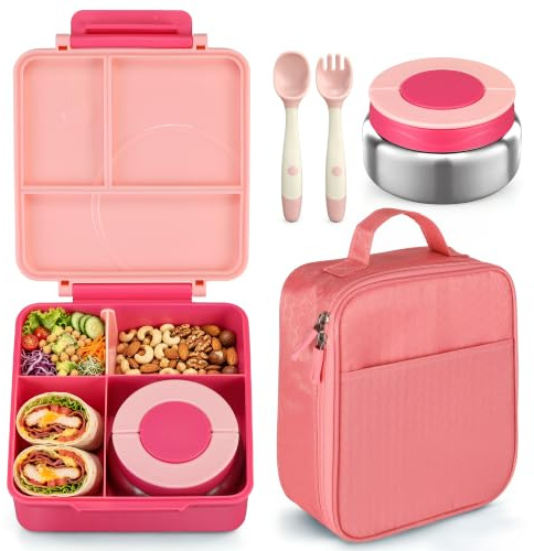 Bento Lunch Box Set for Kids with 8oz Soup Thermo, Leak-Proof Lunch Containers with 4 Compartment, Kids Thermo Hot Food Jar and Insulated Lunch Bag for Kid to School-Pink