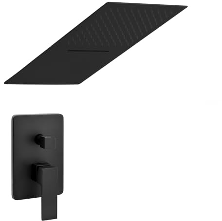 Set doccia incasso nero opaco, miscelatore Kubo con deviatore e soffione a muro con cascata 25x52 in acciaio inox con kit di fissaggio incluso