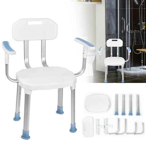 LARS360 Duschhocker Duschstuhl mit Rückenlehne und Armlehne, Höhenverstellbar Duschstuhl Badhocker Anti-Rutsch Duschsitz aus Alu und Kunststoff für Senioren bis 150 kg
