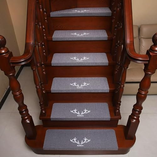 Hearda Treppenstufen Matten, Rechtwinklig 75x25cm Treppe Treppenteppich, Rentier Muster Stufenmatten 10 stück, Treppenteppich Selbstklebend, Antirutschmatte Innenbereich (10pc,Grau)