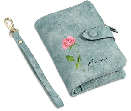 Glimmerday Personalisierte Brieftasche für Frauen, Floral Geburtstag Brieftasche, Bifold Leder Brieftasche mit personalisierten Namen, (Grün)