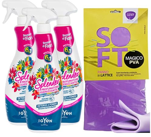 SET PULIZIA: 3x Detergente Multiuso Spray, Il Profumatore Igienizzante Superconcentrato, BOUQUET DI FIORI, Rimuove Germi e Batteri, 48h Di Pulito Profumato 750ml + Panno In Lattice SOFT 30x30