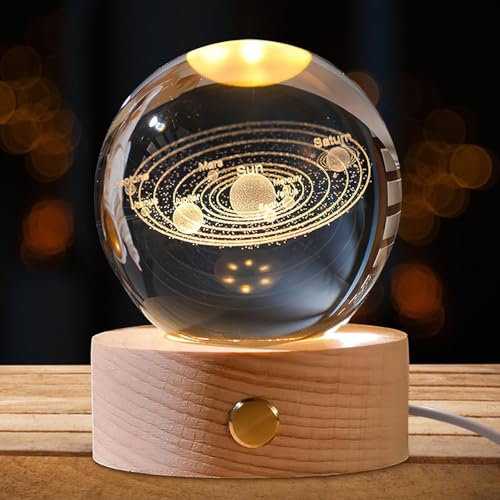 TZQFROCE Lámpara de Bola de Cristal del Sistema Solar 3D lámpara de noche con base de madera Sistema Solar 3D de Luz Nocturna decoración de fantasía