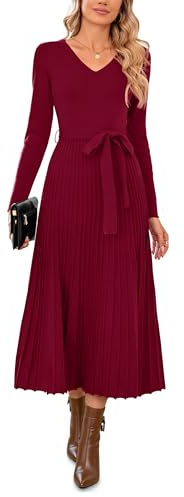 Arach&Cloz Jumper Dress for Women UK Long Sleeve Midi Knitted Pleated Dresses Fall Winter V Neck Christmas Sweater Dress Wine Red