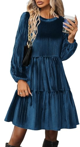 Zeagoo Abito di Velluto Donna Elegante Manica Lunga Invernali Abiti Vita Alta Vestiti con Tasche Scollo Rotondo Linea A Casual Vestito Blu Navy S