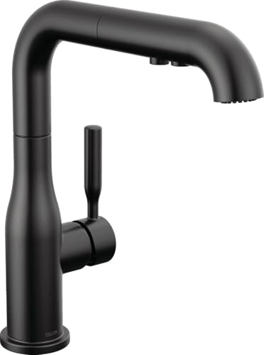 Delta Almari Matte Black Kitchen Faucet with Pull-Out Sprayer, Modern Single Hole Kitchen Sink, Single Handle, Matte Black 16943-BL-DST