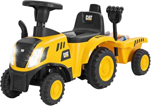 Primi Passi Trattore Cavalcabile CAT Caterpillar per Bambini con Rimorchio Paletta e Rastrello inclusi con Luci e Suoni Giallo