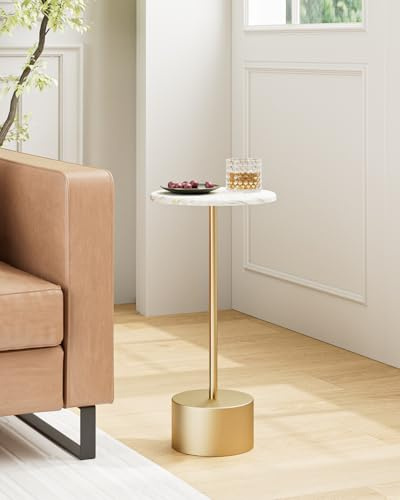 HEYZOEY Small Round Side Table, Drink Table Pedestal, Wood Drink Tables for Small Spaces, Pedestal End Tables, White & Gold