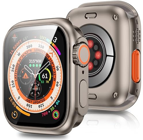 3 in 1 for Apple Watch Series 10 42mm Case Tempered Glass Screen Protector Rugged Protection Case [Turn iWatch into Ultra Look] With Back Cover for iWatch 10 Cases (Titanium, 42mm)