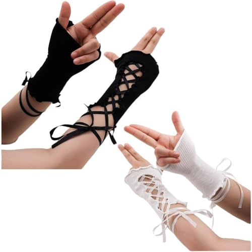 Dinntty Lolita Spitzenärmel Y2k Gothic Spitze Armärmel Damen Dünne Sommer Fingerlose Handschuhe Aushöhlung Halloween Cosplay Kostüm