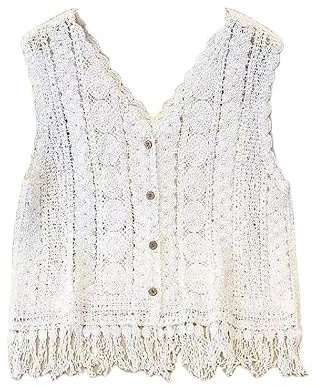 RWGSNB Suéter Crochet para Mujer Chaleco Bohemio Agujeros Cárdigan Punto Botones y Flores Sexy Cuello en V y Borlas para Fiesta Camisetas sin Mangas Verano Playa Color Blanco L