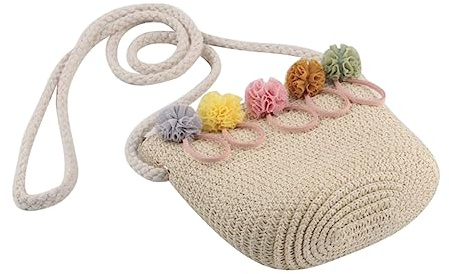 ibasenice Bolso Tejido de Paja para Niñas Diseño de Flores, Bolso de Hombro Beige para Playa y Senderismo, Ligero y Elegante para Verano