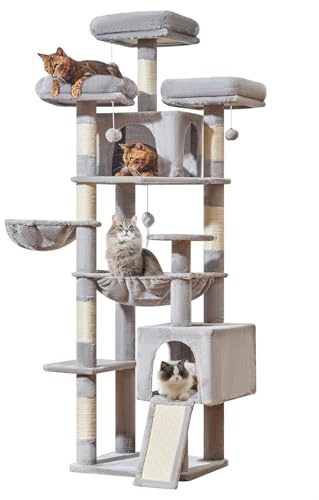 Taoqimiao 193cm Kratzbaum XXL, Großer Katzenbaum Für Große Katzen, MS047W | 3 Große Plattform, Katzenkratztafel, Mehrstöckig, Einfache Montage, 2 Katzenhaus, 7 Kratzsäulen, Hängematte, Korb, Hellgrau