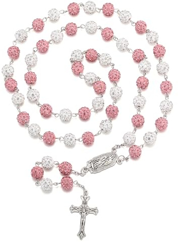 RWQIAN Rosenkranz Katholische Halsketten Damen Herren Bling Weiß&Rosa Rosenkranz Perlen Kette mit Kreuz Anhänger Erste Heilige Kommunion Taufe Geschenk Religiöse Gebetskette Schmuck Mädchen Jungen