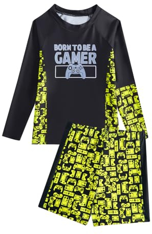 JiAmy pojkar baddräkt 2-delat badset, gradient spel tonåring pojkar badkläder långärmad badskjortor och shorts baddräkt för 8-14 år, Gul-spel, 13-14 År