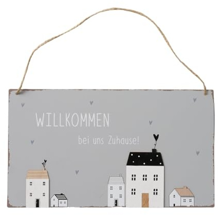 Boltze Home Deko Schild Blechschild mit Spruch Willkommen bei uns Zuhause 28 * 16 cm Deko für Terasse Garten Metallschild mit Jute Henkel zum Aufhängen Deko für Wohnzimmer Sommergarten