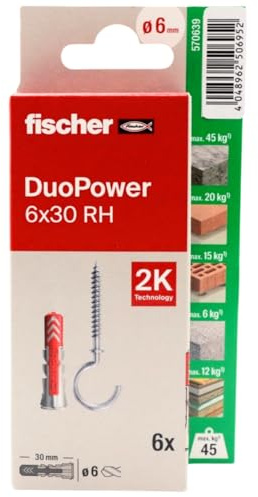 fischer - Duopower 6x30 Con Hembrilla Abierta- 4U, Tacos para pared multimaterial, sirven para Colgar Bicicletas, Cuadros, Armarios, Soportes de Televisión, Estanterías, Muebles.