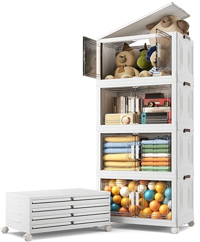 BTGGG 4er Pack Aufbewahrungsbox mit Deckel 54L*4 Stapelbare Aufbewahrungsboxen Kunstoffboxen Klappbox Plastikbox mit Deckel, Faltbare Aufbewahrungsbehälter Aufbewahrungsboxen mit Türen und Rollen