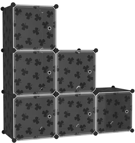 C&AHOME Cube Storage Organizer with Doors, 6-Cube Shelves, DIY Plastic Modular Bookshelf, Closet Clothes Storage Shelving Ideal for Bedroom, Living Room, Clover Embossed, Black
