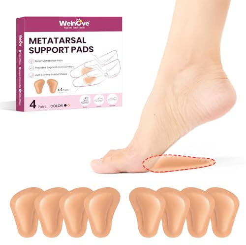 Welnove Set 4 Paia Cuscinetti Metatarsali in Pelle - Sostegno Avampiede e Sollievo Dolore per Metatarsalgia, Neuroma di Morton, Per Tacchi Alti e Scarpe