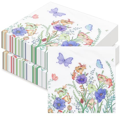 50 Stück 3-Lagig Servietten 33 x 33 cm, Frühling Papierservietten mit Blumen und Schmetterlinge für Geburtstage Hochzeit Party Tisch Dekoration