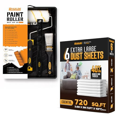 10 Pcs Paint Roller Set with 6X Large Dust Sheets – Complete Painting Kit with Rollers, Brushes, Trays, Masking Tape & Plastic Sheets for Walls, Ceilings & Furniture Protection