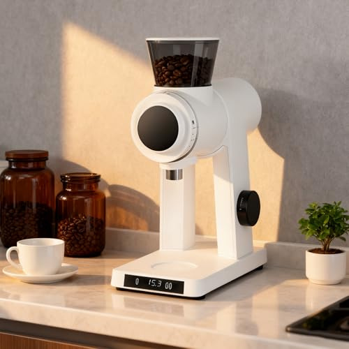 vnmudzeo Moulin à Café éLectrique 300 W, Meule Plate en Acier Inoxydable De 60 Mm, 16 RéGlages De Mouture PréCis, RéServoir De 100 G, Affichage NuméRique White