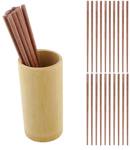 10 Paires Baguettes en Bois, Reutilisable Chopsticks, Réutilisables et Antidérapantes, Convient pour Sushi Plats Asiatiques, Organisateur Rond pour Ustensiles de Cuisine (Brun rougeâtre)