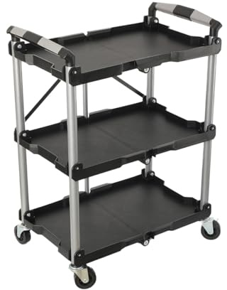 Mreryyse 3-Tier Collapsible Service Cart Tool Trolley on Wheels, 165lb Capacity & Ergonomic Handle & Secure Braking, Aluminium Folding Rolling Cart for Garage, Workshop Home Office