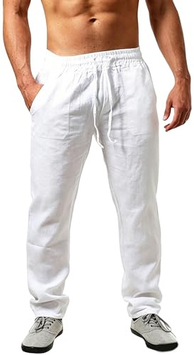 DUOLUVA Pantalon Hommes Été Léger Confortable Pantalon pour Homme Loisirs Plage Trouser Mens Lin Blanc 2XL