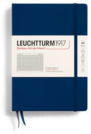 LEUCHTTURM1917 342923 Notizbuch Medium (A5), Hardcover, kariert, marine | 251 nummerierte Seiten, Inhaltsverzeichnis, 2 Lesezeichen, Falttasche, säurefrei