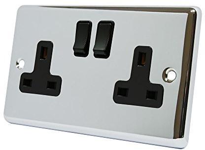 AET CPC2GSOCBL 13 A 2-Gang Polished Chrome Classical Double Plug Socket with Black Insert Plastic Rocker Switches