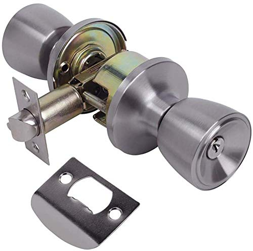 Amig - Pomo Puerta Entrada - Juego de Pomos Tipo Copa con Sistema Antitarjeta- Latón - Picaporte Entrada 60/70 mm - Llave y Condena - Para Puertas de Madera - Picaporte de Canto Cuadrado- Cromado Mate