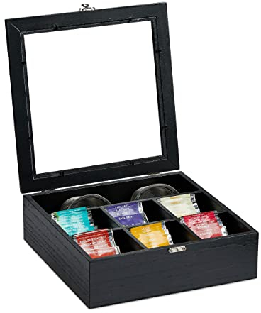Relaxdays Teebox Holzoptik, 7 Fächer, Teebeutel Aufbewahrung, Teekiste mit Sichtfenster, HxBxT 8 x 25 x 25,5 cm, schwarz