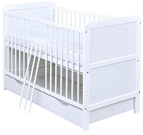 Baby Delux Babybett 70x140 cm weiß Kinderbett umbaubar zum Juniorbett Natalie mit Schublade und Matratze mit Beißschienen