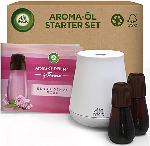 Air Wick Aroma-Öl – Starter Set – Diffuser mit ätherischen Ölen – Raumduft Beruhigende Rose – 2 x 20 ml Nachfüllern + Gerät